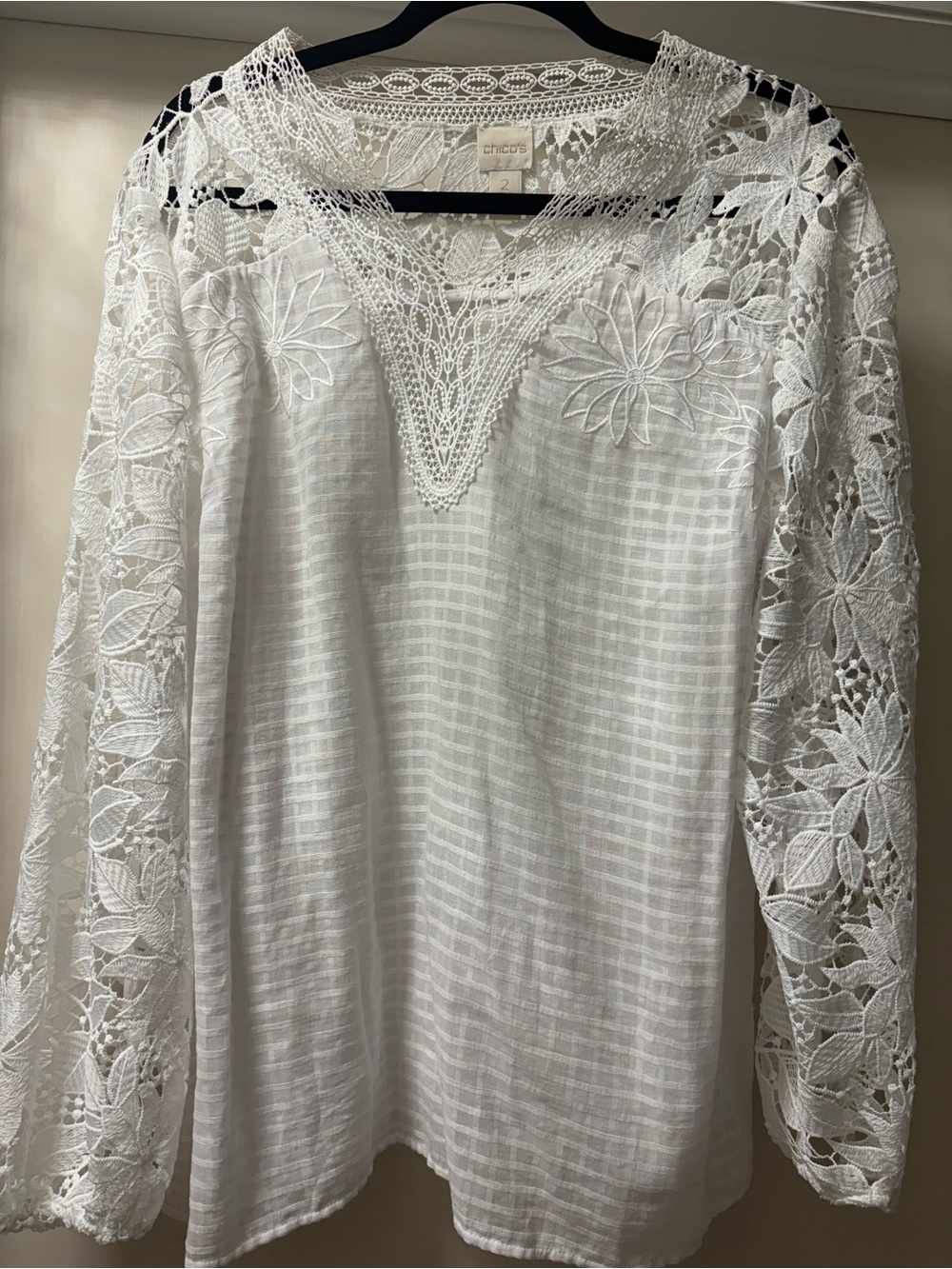 Chico's White Crochet Embroidered V-Neck Top